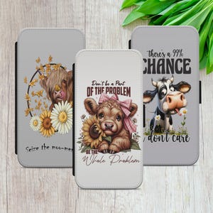 Funda tipo cartera con diseño floral de vaca de las Tierras Altas para iPhone 7, 8, XS, XR, 11, 12, 13, 14, 15 y 16, Samsung A15, S10, S20, S21+, S23, S24 y Huawei