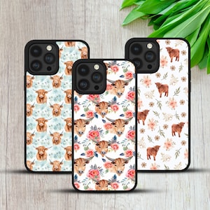 May include: Three phone cases with different designs. The first case has a blue background with a pattern of brown Highland cattle. The second case has a white background with a pattern of brown Highland cattle and pink flowers. The third case has a white background with a pattern of brown Highland cattle and brown leaves.