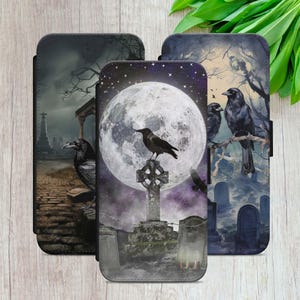 Funda tipo cartera con tapa gótica de cuervo para iPhone 8, XR, 11, 12, 13, 14, 15 y 16, Samsung S21, S22, S23+, S24fe, S25, A15, A35 5G y Google Pixel.