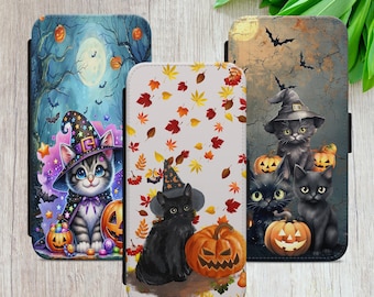 Black Cat Halloween Watercolor Phone Wallet Case - iPhone, Samsung, Google