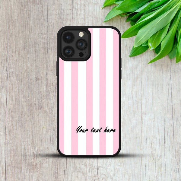 Personalised Customised Name Text Pink Stripes pattern TPU rubber Phone Case Cover For iPhone XR 12 13 14 Pro Samsung A12 S23 Huawei Pixel 7