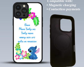 Funda magnética de goma de alta calidad con diseño de Stitch de Disney Tropical Ohana Family Gift para iPhone 12, 13, 14, 15, 16, 16 Pro y 16 Pro Max.