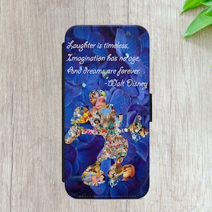 Disney Mickey Mouse Laughter QUOTE Floral Flowers Flip Wallet Phone Case Cover For iPhone 7 8 Xs XR 11 12 13 15  Samsung S10 S20 Huawei P30
