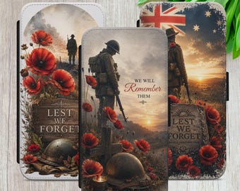 Remembrance Poppy Phone Flip Wallet, Lest We Forget Soldier Cover, Memorial Gift