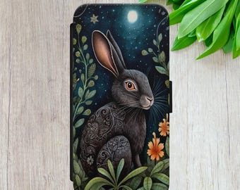 Hare Flip Wallet Case, Folk Art Rabbit Phone Cover, Celestial Moon Nature Gift
