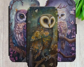 Funda tipo cartera para teléfono con diseño de búho floral: Diseño artístico para iPhone, Samsung y Pixel.