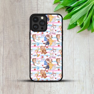 May include: A black phone case with a white background and a repeating pattern of Belle and the Beast from Beauty and the Beast. The pattern also includes Mrs. Potts and Chip.