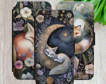 Fox Wallet Phone Case: Floral Moon Design, Card Slots