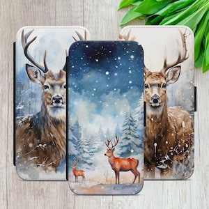 Capa tipo carteira de inverno com estampa de rena e veado para iPhone 8 XR 11 12 13 14 15 16, Samsung S10 S21 S22 S23+ S24FE A15, Huawei