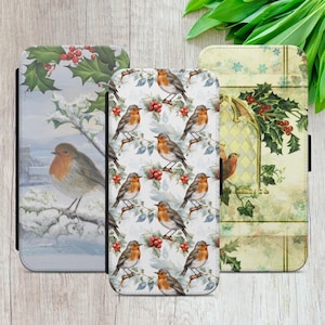 Funda tipo cartera con diseño navideño de petirrojo y muérdago para iPhone 7, 8, X, XR, 11, 12, 13, 14+, 15 y 16, Samsung S9, S20, S21+, S22, S23, S24, A14 y Huawei