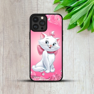 May include: A pink and black phone case featuring a white cat with a pink bow on its head. The cat is sitting on a pink background with white and pink flowers.