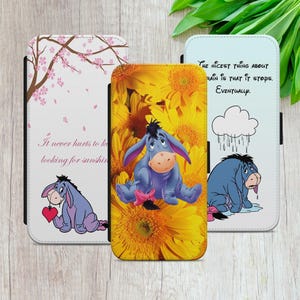 Eeyore Ursinho Pooh Presente com Citação Engraçada Flip Carteira Capa de Telefone para iPhone 8 XR 11 12 13 14 15 16, Samsung A15 A05s S23 FE S24+, Google