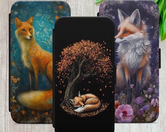 Fox Wallet Flip Case, Canvas PU Leather, iPhone Samsung Google Pixel Protection