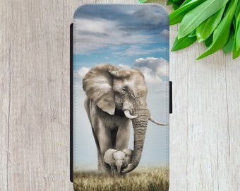 Elephant Sketch Art Baby Flip Wallet Phone Case Cover For iPhone 7 8 X XR Xs MAX 11 12 13 14, Samsung S8 S9 S10 S20 S21+ S22, Huawei P30 Pro