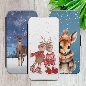 Funda tipo cartera con diseño de ciervo y reno navideño para iPhone 7, 8, X, XR, 11, 12, 13, 14+, 15 y 16, Samsung S9, S20, S21, S22+, S23, S24, A15 y Huawei