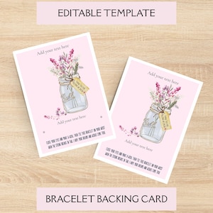 Könnte beinhalten: Zwei rechteckige weiße Karten mit hellrosa Rand und einer Aquarellillustration eines Einmachglases mit lila und rosa Blumen. Der Text lautet Add your text here und enthält ein Gedicht über das Wünschen und das Tragen eines Armbands.