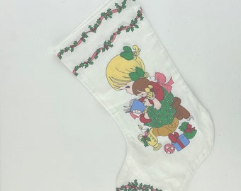 Precious Moments Christmas Stocking Girl Reading to Doll White Muslin Vintage