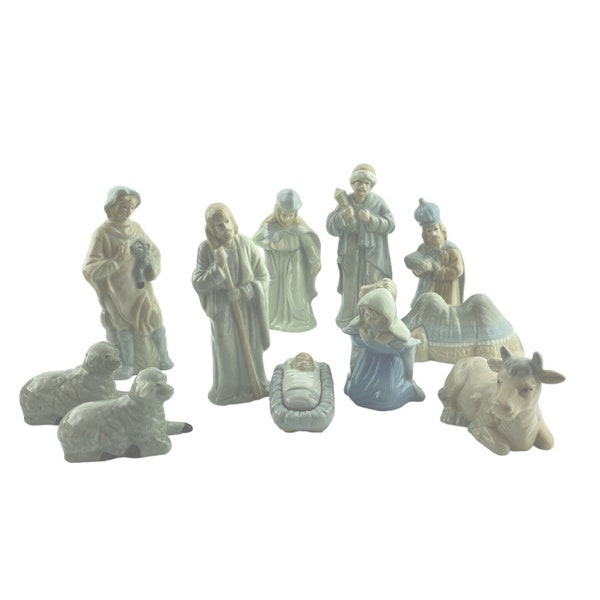 Porcelain Nativity Set 12 Pieces White and Blue 1" to 6" High Christmas Figurine