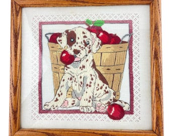 Finished Crewel Picture Puppy Barrel of Apples 10.5" x 11" Adorable Apple Thief