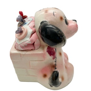 Vintage Pincushion Puppy Dog Ceramic + 3 Decorative Straight Pins Enesco Japan