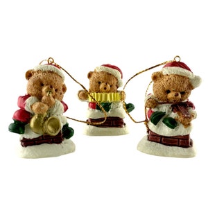 Christmas Ornaments Teddy Bear Trio Playing Musical Instruments Ceramic Vintage
