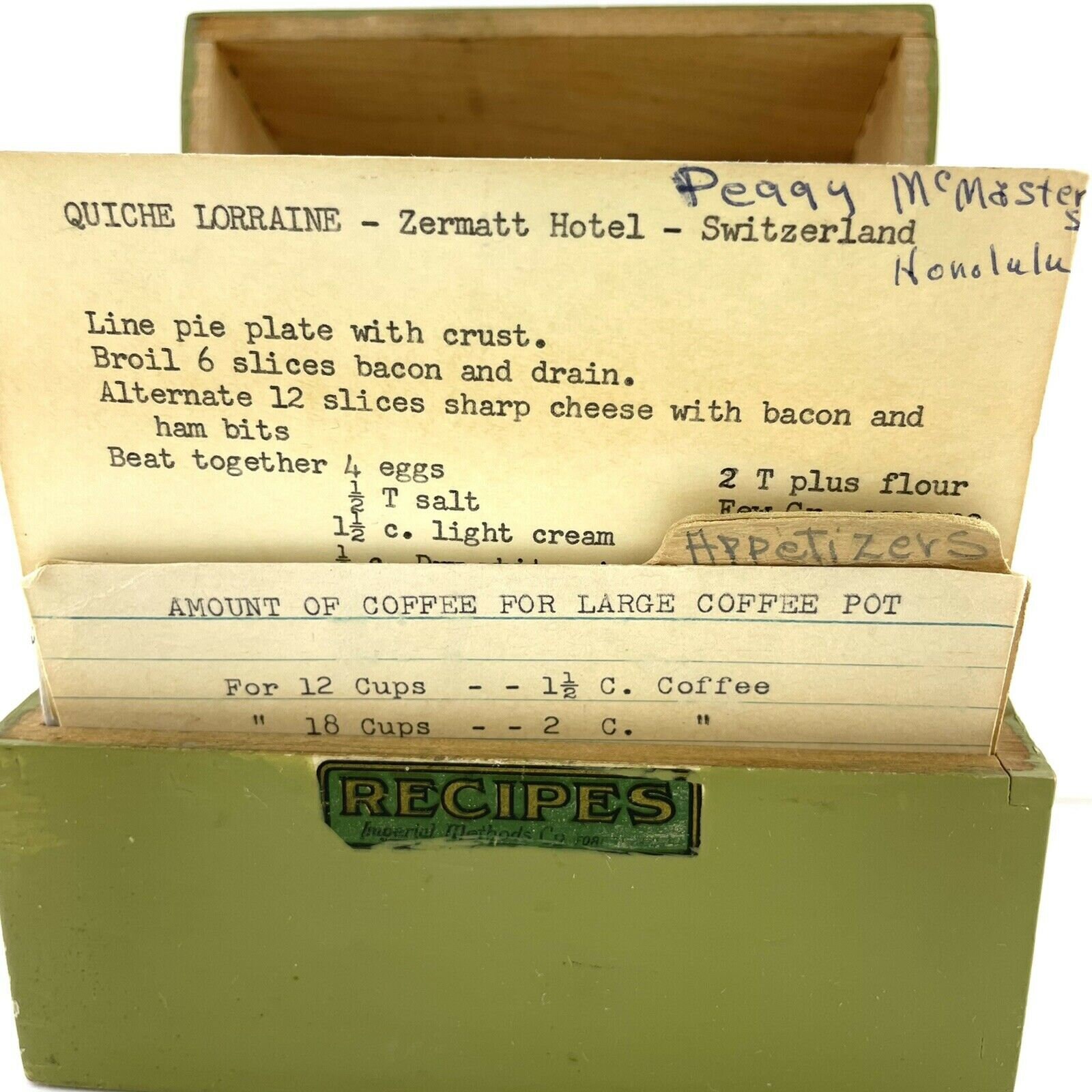 Vintage Recipe Box Hinged Wooden Painted Green w/ Handwritten Recipes