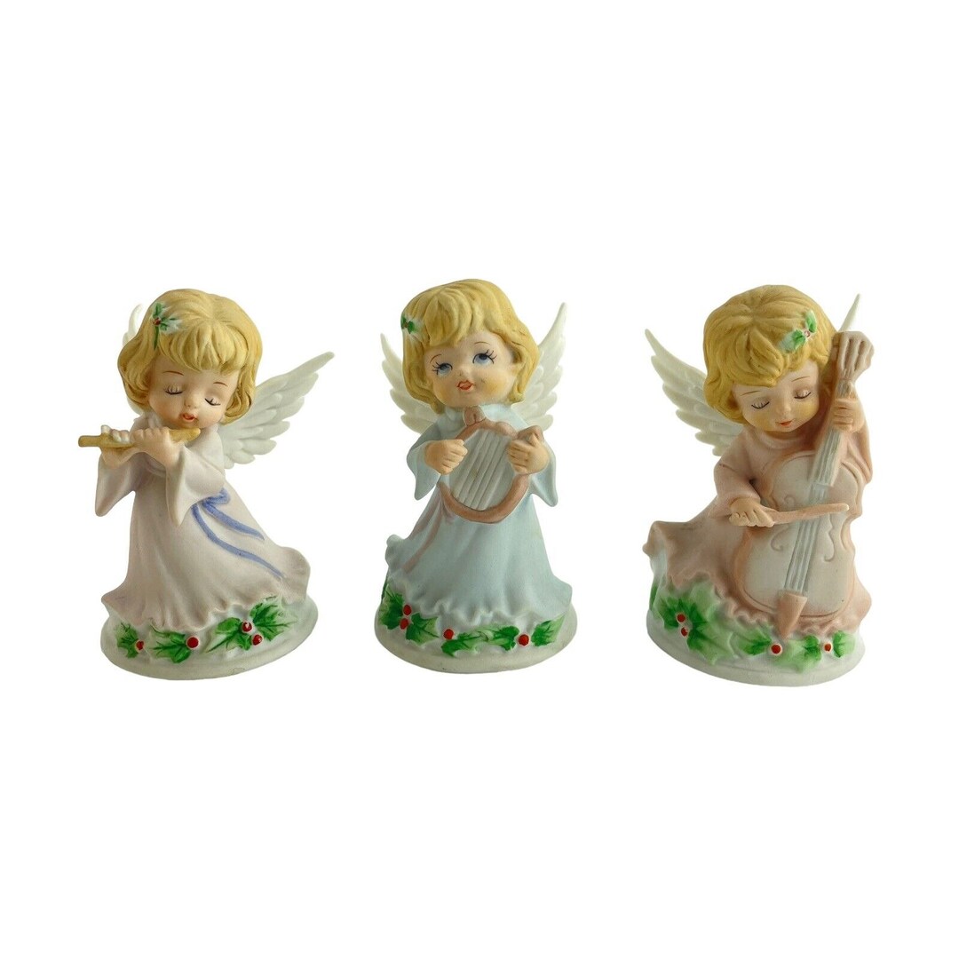 Lefton Musical Angel Figurines Set of 3 Porcelain Hand Painted Holly