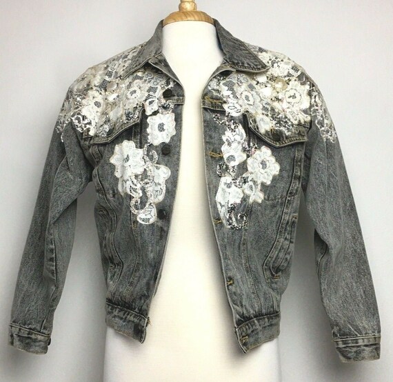 Embellished Jean Jacket Beaded Lace Black Acid Was