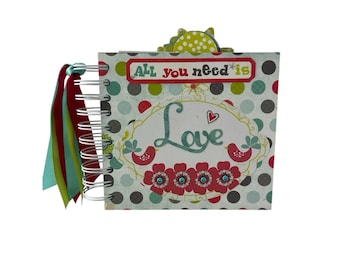 Handmade Mini Scrapbook Album Floral Bird Polka Dot Teal Red Love Memory Book