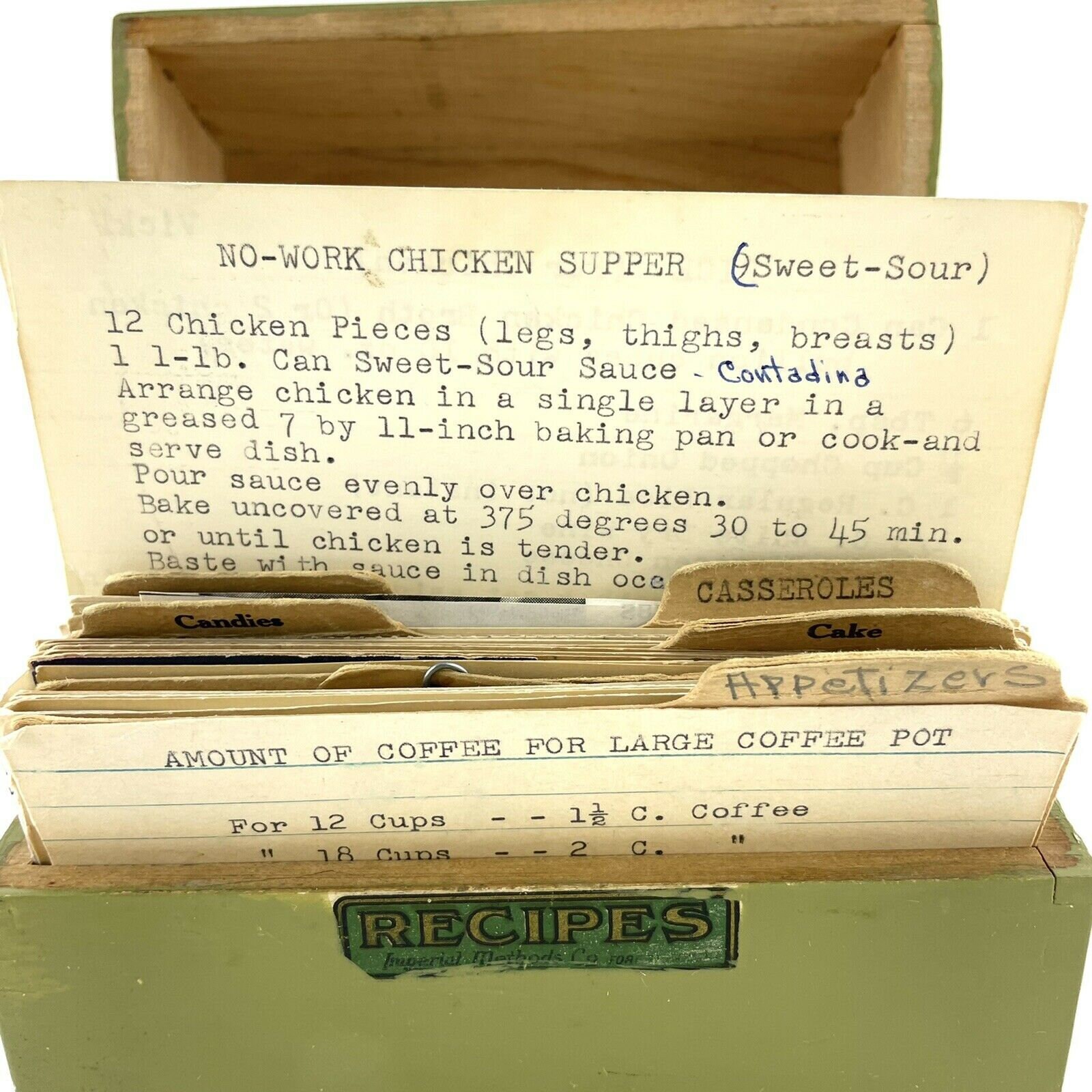 Vintage Recipe Box Hinged Wooden Painted Green w/ Handwritten Recipes