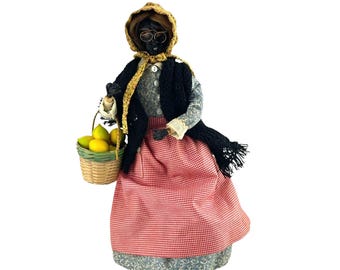 Vintage Doll Apple Head and Hands Handmade Prairie Dress Fruit Basket Folk Art Figurine