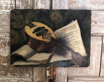 Very old French oil on board still life painting Musical instrument Picture
