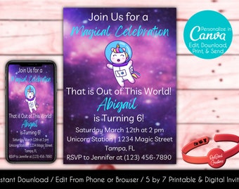 Editable Space Unicorn Birthday Invitation | Space Birthday | Astronaut Birthday | Canva Template | Digital Download | Printable