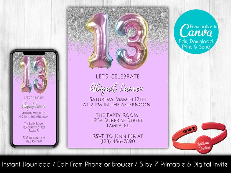 Editable 13th Birthday Invitation Iridescent Invite - Etsy