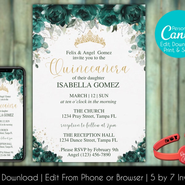 Emerald Green Quinceanera Invitation Etsy