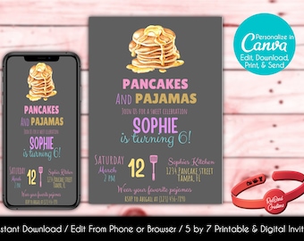 Editable Pancake Birthday Invitation | Pancakes and Pajamas | Sleepover Birthday | Canva Template | Printable | Instant Download