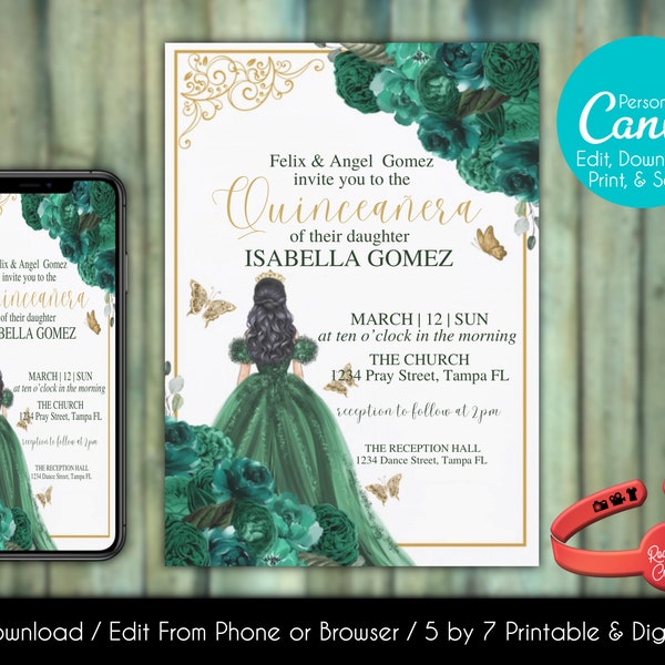 Editable Emerald Green Quinceanera Invitation | Elegant Invitation | Birthday Invitation | Canva Template | Printable | Instant Download