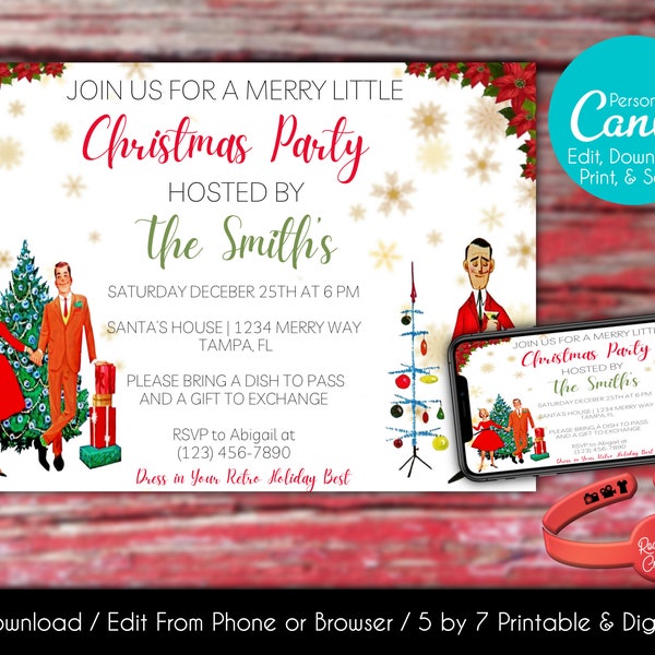 Editable Retro Christmas Party Invitation | Holiday Party Invitation | Canva Template | Instant Download | Printable | Personalized