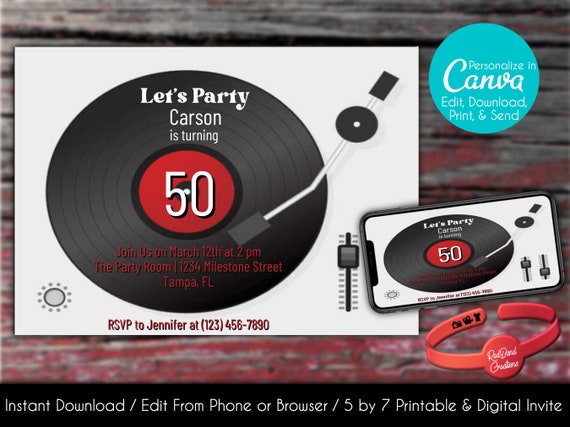 Editable Record Player Invitation 50th Birthday Invite - Etsy