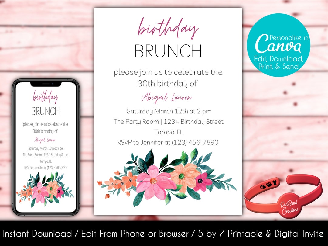 Editable Birthday Brunch Invitation Brunch Invitation Brunch and Bubbly ...