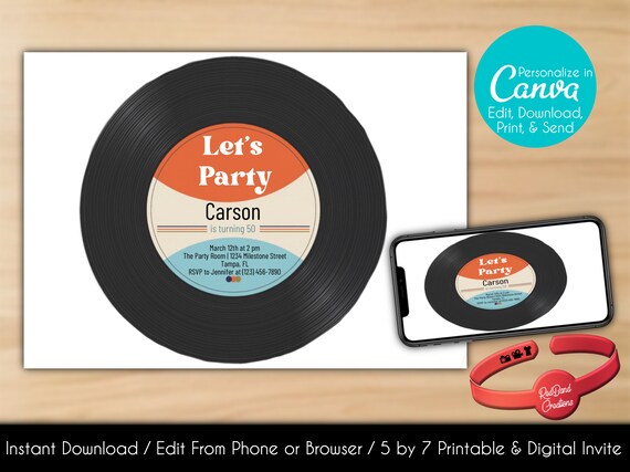Editable Record Player Invitation 50th Birthday Invite Milestone.