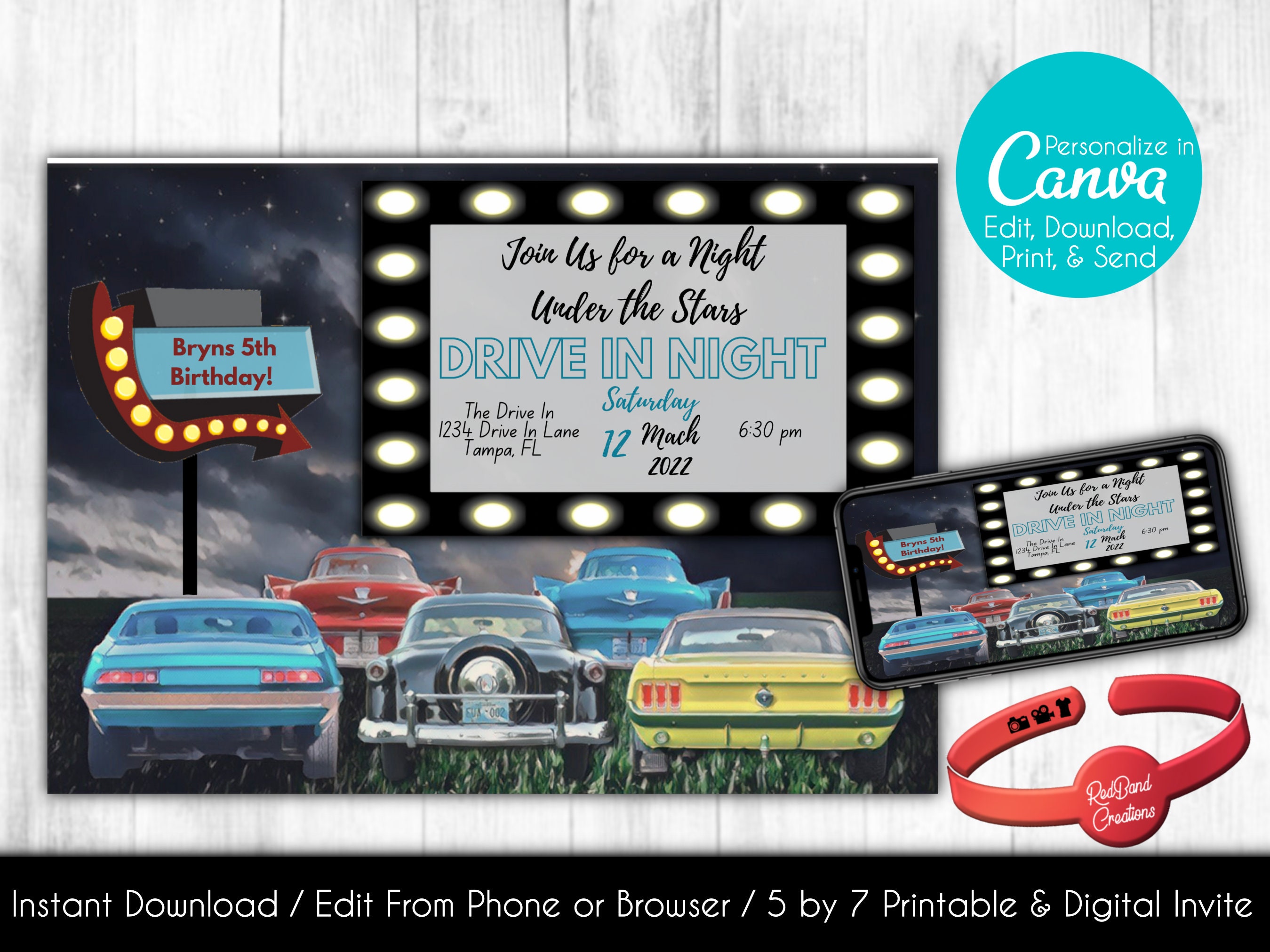 Editable Drive In Movie Birthday Invitation Retro Birthday.