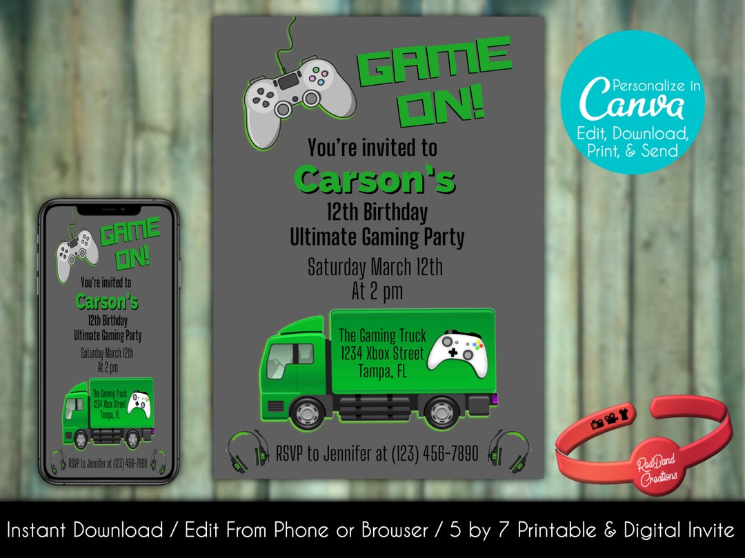 Editable Game Truck Birthday Invitation Gaming Birthday Xbox Birthday Canva Template Printable