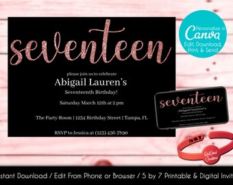 Bearbeitbare Einladung zum 17. Geburtstag | Rose Gold Invite | Glitzer Invite | Geburtstagseinladung | Canva Template | Druckbar | Sofort Download