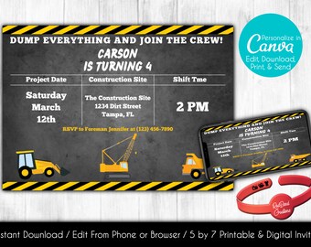 Editable Construction Birthday Party Invitation | Construction Birthday | Truck Birthday | Canva Template | Printable | Instant Download