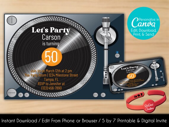 Editable Record Player Invitation 50th Birthday Invite Milestone.