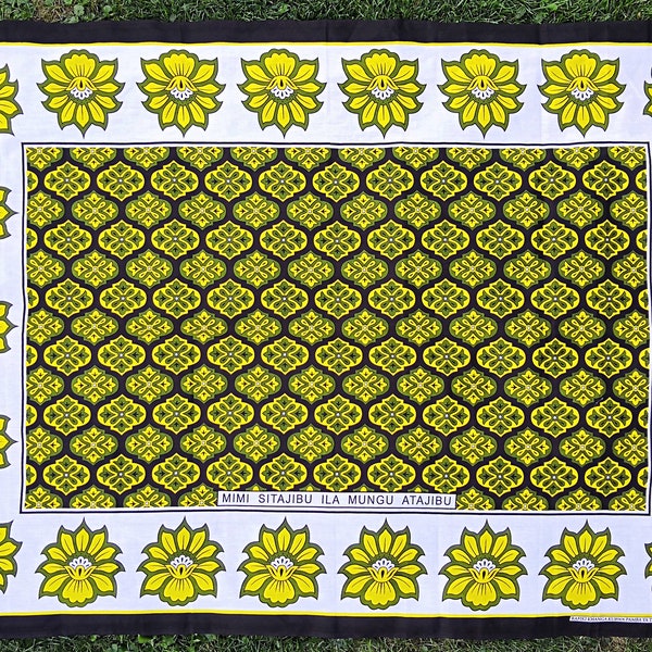 African Khanga 167 x 111 cm, Serviette de plage, Lesso, Porte-bébé | vert olive et jaune, pur coton