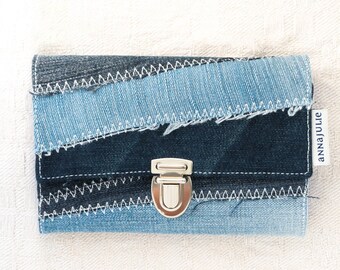 Jeans wallet, 15.5 cm/ 6'' wide, assembled from jeans pieces, flowery in blue and white inside, gift for girlfriend, card slots
