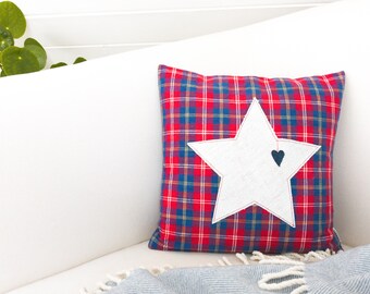 Upcycling vintage flannel pillowcase with star applique and denim heart, square 30cm/ 11,8'', gift christmas