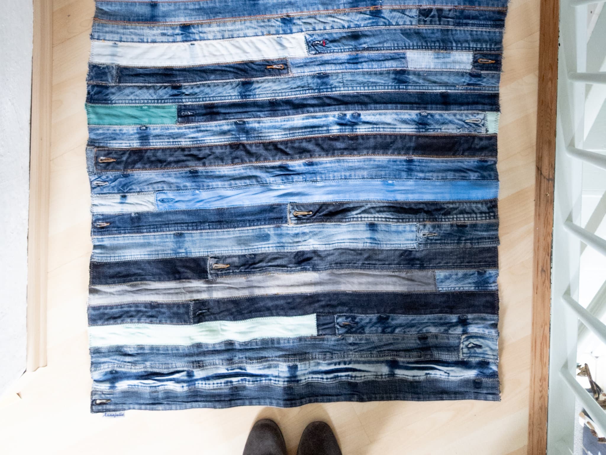 Tapis Rectangulaire, Jean Upcycling, Bleu, 123 cm/48, 42 X 80 31, 5, Rayures, Style Industriel, Cade